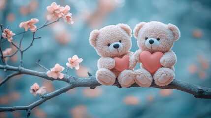 Fototapeta premium Heartfelt Moment with Teddy Bears Holding Pink Hearts on Branch