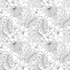 Tropical Plants Background. Tropical Seamless Pattern Trendy graphics. Tropical Flowers and Leaves Line Art. Tropical flowers seamless pattern