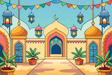 A colorful mosque courtyard adorned with Islamic architecture, hanging lights, and festive decor, evoking Ramadan celebrations and spirituality