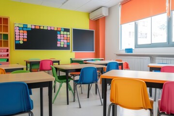 Naklejka premium Summer school fosters learning and creativity. Brightly colored classroom with desks and chalkboards.