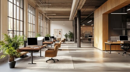 Modern Industrial Office Workspace Design with Natural Light