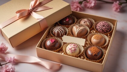 Romantic chocolates. A beautifully arranged box of assorted chocolates with decorative designs, perfect for gifting.