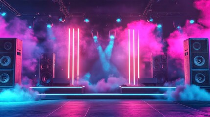 Empty stage with neon lights, speakers, and pink & blue smoke.