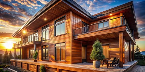 Fototapeta premium Rustic Wooden House Exterior, Full-Timber Facade, Natural Wood Home, Architectural Detail, Sustainable Building