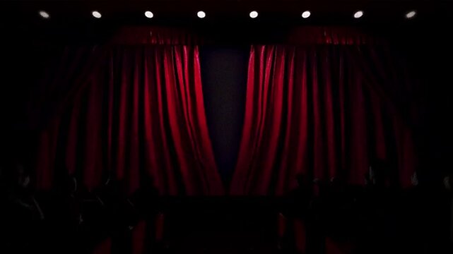 3d animated red curtains on theater the audience stage opening to reveal green screen, realistic theatre animation traditional open effect multimedia footage vintage classic video effect