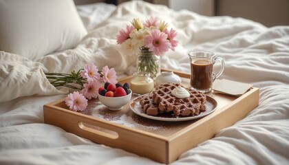 Romantic chocolates. A cozy breakfast tray with waffles, berries, and a coffee cup sits on a bed adorned with soft pillows and flowers, creating a warm, inviting atmosphere.
