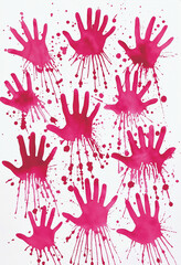 Fototapeta premium Simple Watercolor Art Featuring Red Handprints and Pink Ink Splatter on a White Background – Creative and Minimalist Design with Vibrant Colors for Artistic Projects