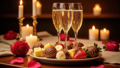 Romantic chocolates. A romantic setting featuring sparkling champagne, delectable chocolates, fresh fruits, and roses, perfect for celebrating special moments.