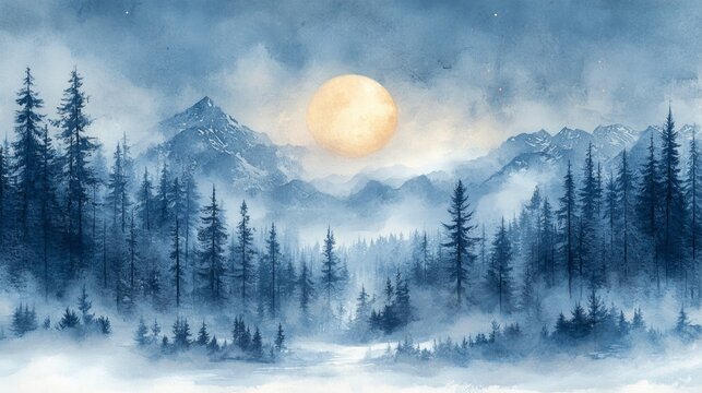 Winter Forest and Moon Watercolor Illustration. Generative AI - Powered by Adobe