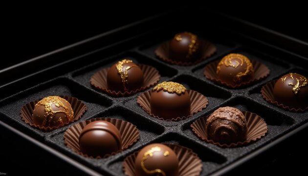Romantic chocolates. A beautifully arranged box of luxurious chocolate truffles, featuring intricate designs and rich textures, perfect for gifting or indulgence.