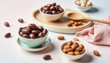 Romantic chocolates. A serene display of chocolate-coated almonds and plain almonds in elegant bowls, complemented by a wooden spoon and a soft linen cloth.