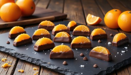 Romantic chocolates. A delicious display of chocolate-dipped orange candies on a slate board, surrounded by fresh oranges and a rustic wooden background.