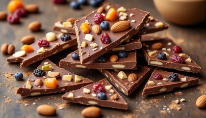 Romantic chocolates. A decadent stack of chocolate bark topped with nuts, dried fruits, and colorful berries, perfect for a sweet treat or dessert.