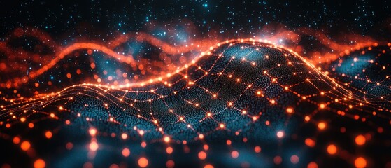 Obraz premium Abstract digital landscape with glowing nodes and waves in blue and orange hues.