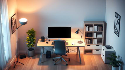 Isometric workplace in home office room. Office table and chair, modern wide screen computer monitor, floor lamp, chair, bookshelf. Generative AI