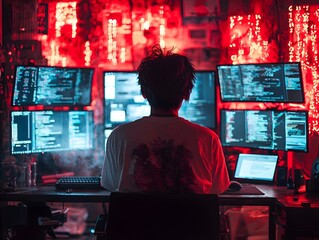 A Tech Savvy Enthusiast Coding in a Minimalist Futuristic Workspace with Multiple Monitors