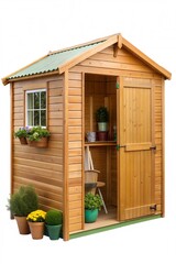 A charming wooden garden shed features a pitched roof, large door, and colorful planters filled with flowers, surrounded by various potted plants in an outdoor space.