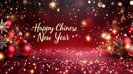 Red festive background with "Happy Chinese New Year" text, glittering ornaments, and bokeh lights.