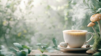Fototapeta premium A health-focused banner showcasing a cup of steaming mushroom tea with wellness quotes overlay