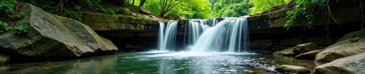 Obraz premium A small waterfall cascades down a rocky slope in the serene forest, rock, serene, forest