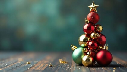 A majestic stack of ornaments shaped like a Christmas tree atop a glittering star, metallic, festive, decorative