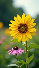 Obraz premium A yellow sunflower with purple coneflower in full bloom, summer, countryside, flowers