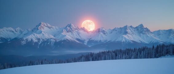 Majestic Winter Mountain Landscape with Full Moon Over Snow-Capped Peaks at Dawn