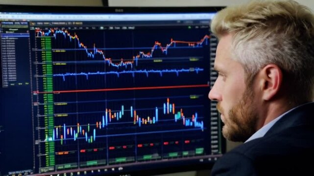 a man who is in front of a screen containing a graphic diagram of the stock market going up and down