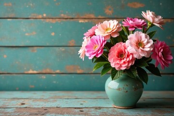Blooms of pink and peach on a distressed wooden table, floral arrangement, rustic decor, folk art