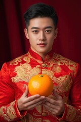 Asian Man in Red Traditional Attire Holding an Orange