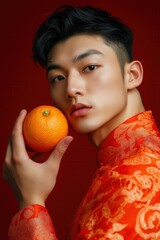 Asian Man in Red Traditional Attire Holding an Orange