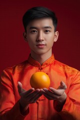 Asian Man in Red Traditional Attire Holding an Orange
