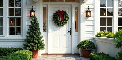 Classic white front door decorated with Christmas wreath and greenery, decoration, holidaydecor