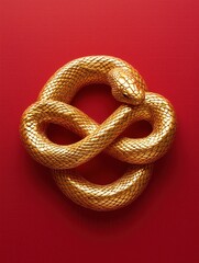 Golden Snake Shaped as Infinity Symbol on Red Background