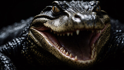 Obraz premium Detailed professional shot of a crocodile against a deep shadowy background stock photo wild life image