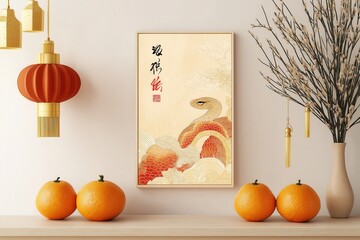 Festive Snake and Oranges Illustration with Chinese Calligraphy