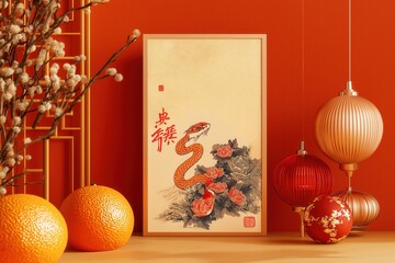 Festive Snake and Oranges Illustration with Chinese Calligraphy