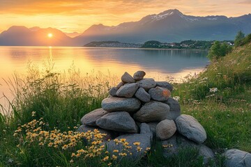 Serene Sunset over Fjord and Mountain Range with a Rock Cairn