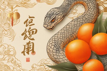 Festive Snake and Oranges Illustration with Chinese Calligraphy