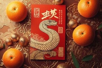 Festive Snake and Oranges Illustration with Chinese Calligraphy