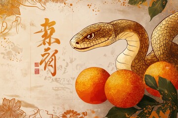 Festive Snake and Oranges Illustration with Chinese Calligraphy