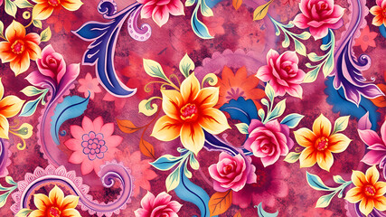 Intricate watercolor paisley pattern, multicolor, rich textures, vibrant hues, seamless floral design, women clothing, abstract elements, intricate vines, blooming flowers. Generative AI