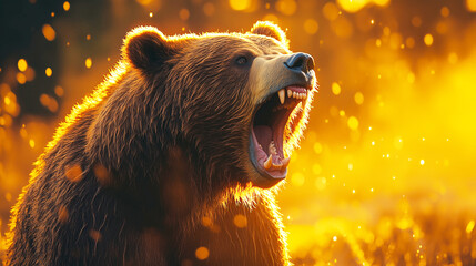 Majestic grizzly bear roaring in sunlit forest
