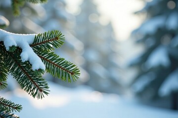 Delicate fir branches against soft white snow, wooden, peaceful