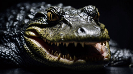 Fototapeta premium Intricate close up of a crocodile captured with expert lighting on dark backdrop stock photo wild life image