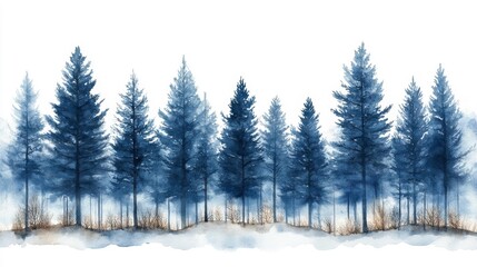 Fototapeta premium Watercolor Navy Blue Winter Forest Landscape. Generative AI
