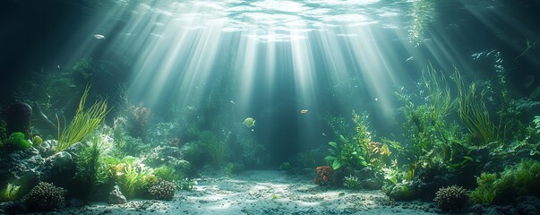 Obraz premium A mesmerizing tropical underwater world showcasing coral reefs teeming with marine life, illuminated by rays of light filtering through the ocean