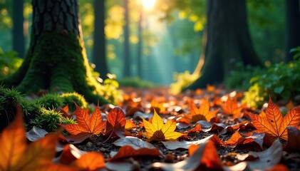 Colorful leaves scattered across the forest floor, tropical rainforest, leaf litter, autumnal colors