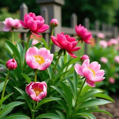 Obraz premium Colorful peony flowers blooming in summer garden fence, flowers, nature