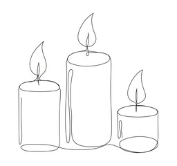 Continuous line drawing of three burning candles in a candelabra, symbolizing wisdom, beauty, and divine light. A minimalist vector illustration representing